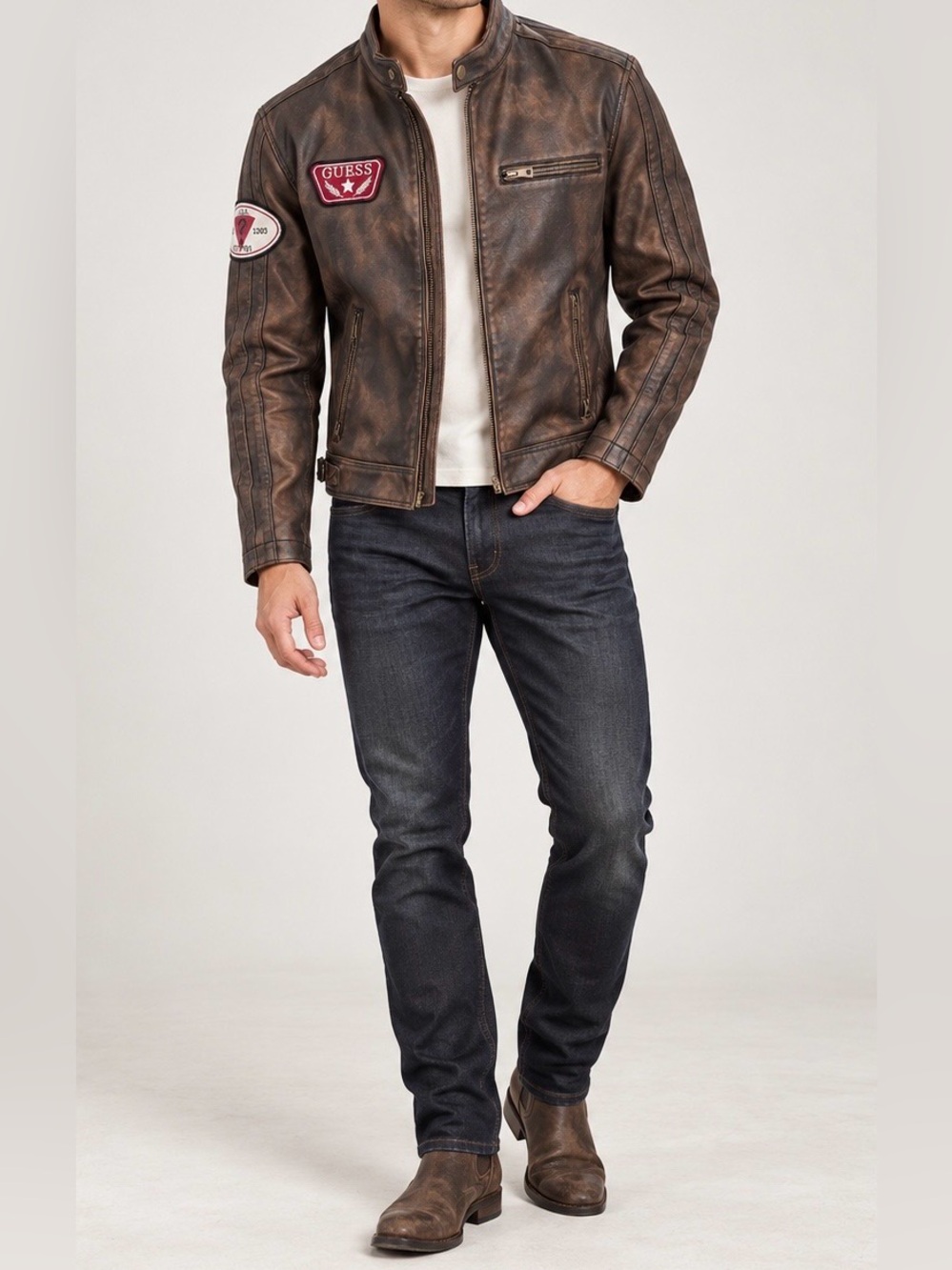 GUESS Men’s Brown Faux Leather Moto Racer Jacket Patches Size M NWT